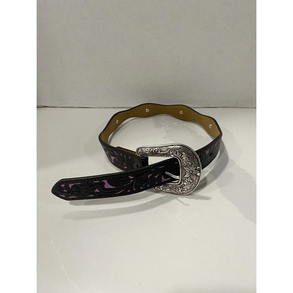 Ariat Girls Tooled Purple Rhinestones Conch Buckle Western Belt Sz 22